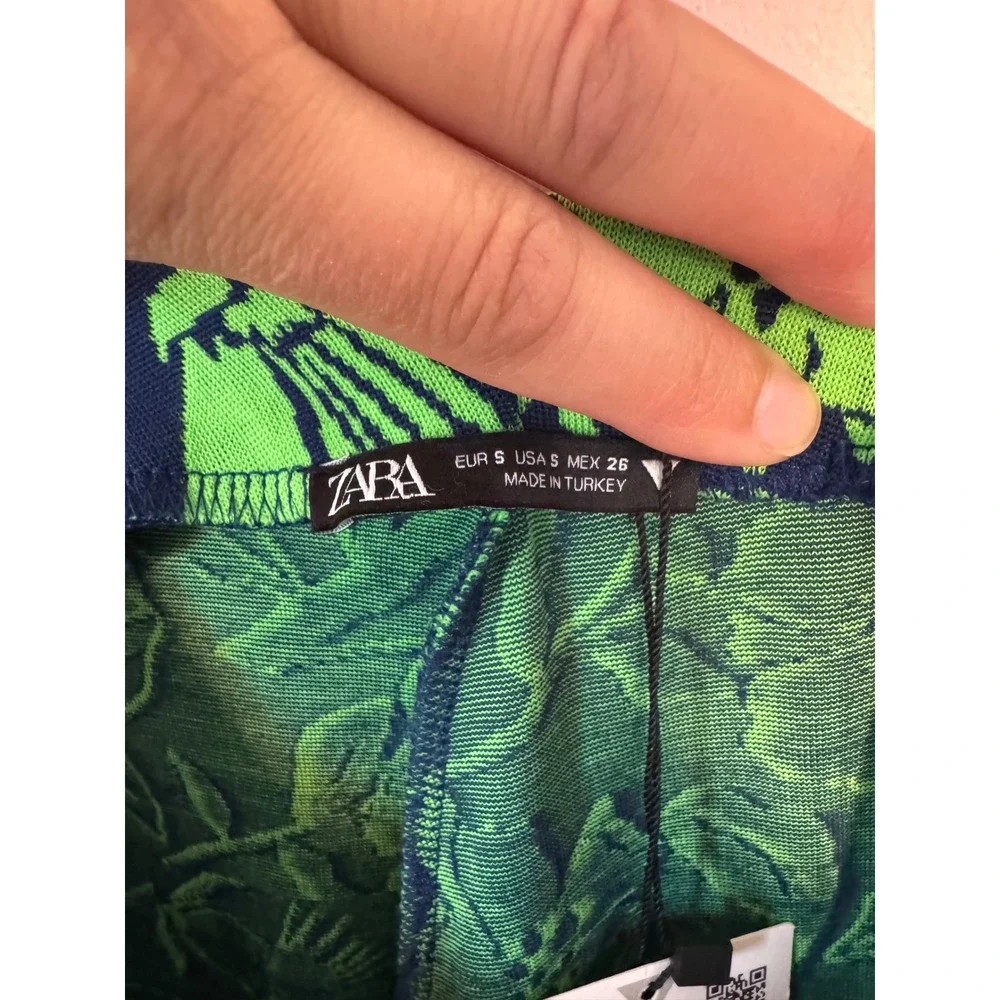 Retro Floral Zara Women Small Flare Pants Navy Lime Green‎ High Rise NWT